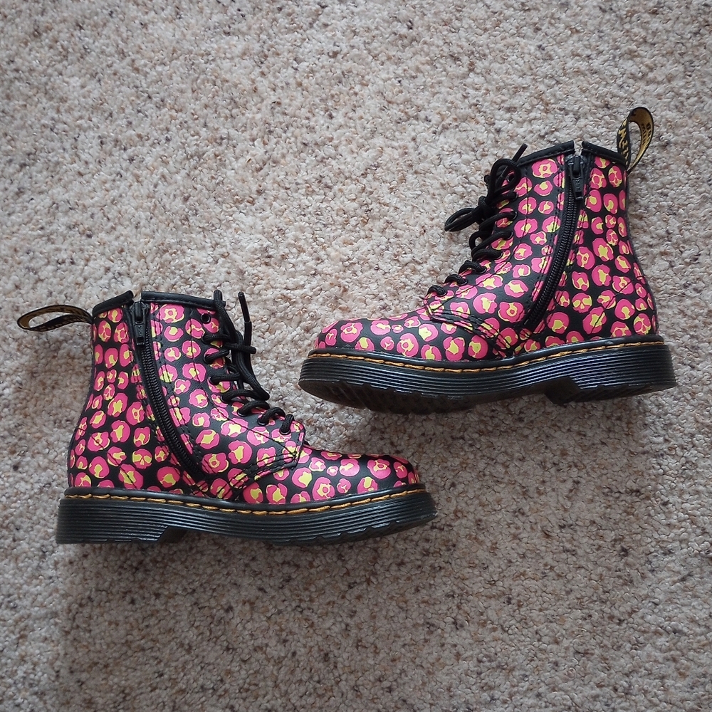 Pink Neon Leopard Print Dr. Martens Kids Boots Youth Size 10 - Picture 2 of 6